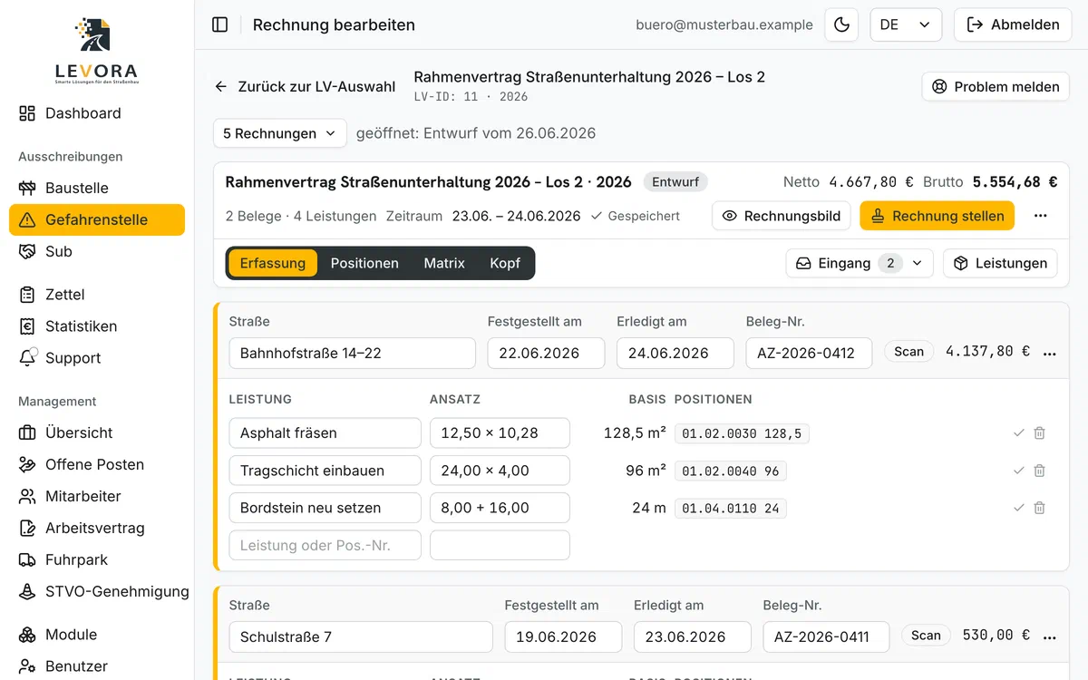 Levora – Rechnungsstellung aus freigegebenen Positionen