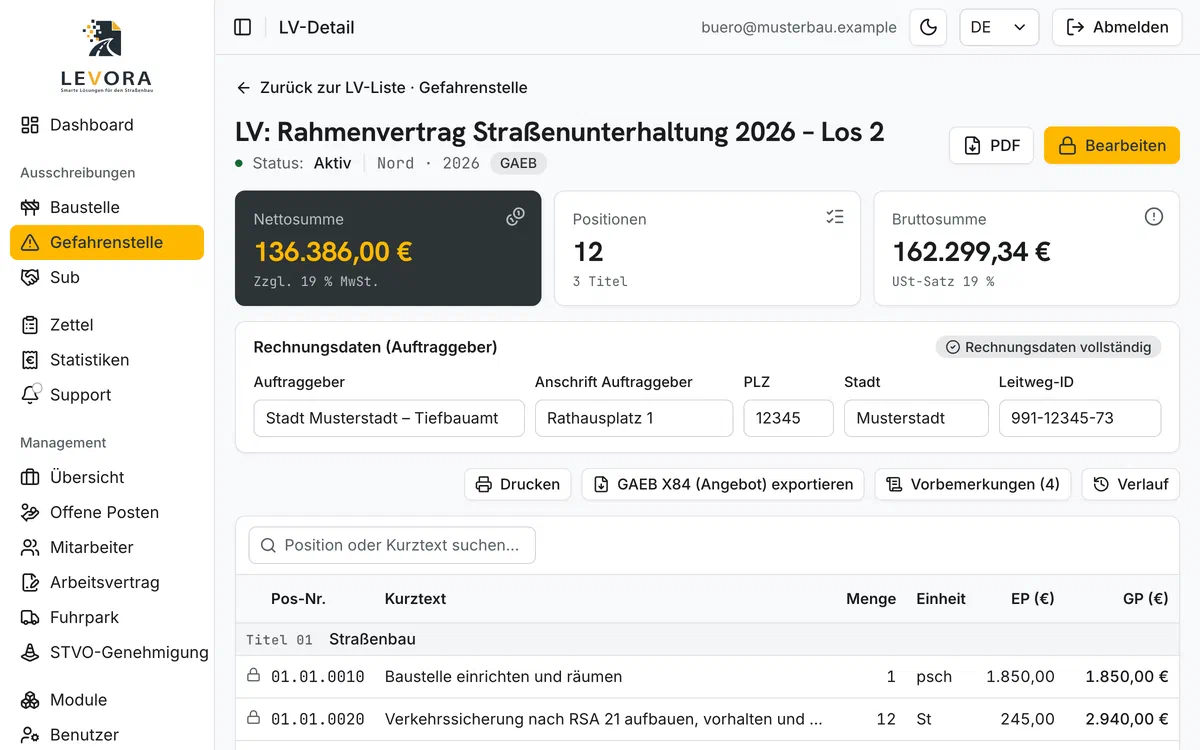 Levora – LV-Detail mit Positionen, Mengen, Netto- und Bruttosumme