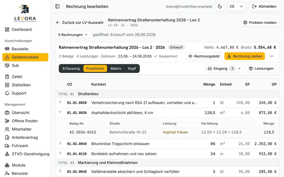 Levora-Mengenermittlung: Position 01.02.0030 aufgeklappt, darunter der Beleg mit Beleg-Nr., Straße, Leistung, Rechenweg und Menge