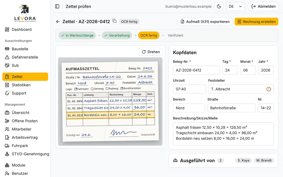 Levora – Prüfansicht mit den aus dem Zettel gelesenen Mengen